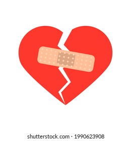 Broken heart shape with a bandage. Concept of love