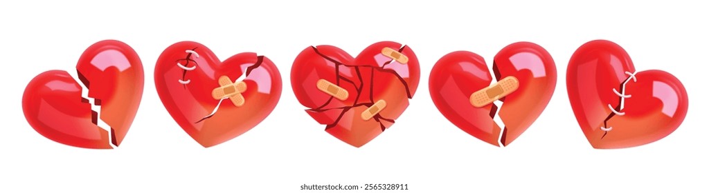 Broken heart shape clipart glass set. Broken red heart icon in glossy, shiny with wound, bandage, patches, plaster and stitches for brokenhearted icon. Vector illustration valentine crack fix