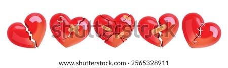 Broken heart shape clipart glass set. Broken red heart icon in glossy, shiny with wound, bandage, patches, plaster and stitches for brokenhearted icon. Vector illustration valentine crack fix