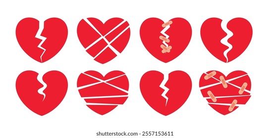 Broken heart shape clipart icon set. Red love heart clip art drawing in crack, cleaving and fixed bandage symbol elements for brokenhearted drawing collection. Vector illustration valentine simple 