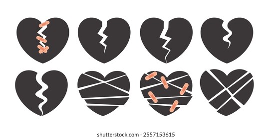 Broken heart shape clipart icon set. Black love heart icon in crack, cleaving and fixed bandage symbol elements for broken hearted clip art collection. Vector illustration valentine's day cracked 