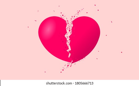 Broken heart shape - Illustration of red heart split in the middle with dust and debris. Heartbroken, lost love, and breakup concept. Vector illustration.