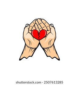 broken heart shape over both palms, hand holding broken heart shape vector illustration