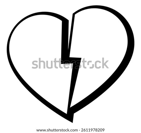 broken heart shape symbol, vector silhouette illustration of black and white heart cut in half isolated on white background