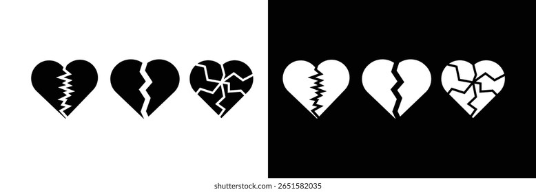 Broken heart silhouette icon set. Cracked love heart vector collection. Black heartbreak symbols for sadness, pain, and breakup themes.