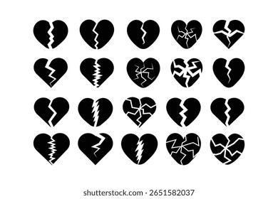 Broken heart silhouette icon set. Cracked love heart vector collection. Black heartbreak symbols for sadness, pain, and breakup themes.