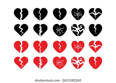 Broken heart silhouette, red icon set. Cracked love heart vector collection. Black and red heartbreak symbols for sadness, pain, and breakup themes.