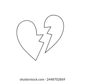Broken heart simple doodle outline vector illustration, cute thin anime line symbol of unhappiness, divorce, breaukup, end of love, relationship, simple linear icon