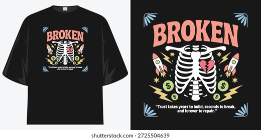 Corazón roto Esqueleto Manos Llamas Alambre de púas Diseño gráfico retro Camiseta Ilustración vectorial Obra de arte