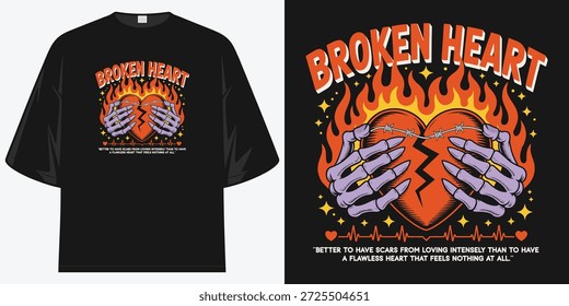 Corazón roto Esqueleto Manos Llamas Alambre de púas Diseño gráfico retro Camiseta Ilustración vectorial Obra de arte