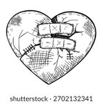 Broken heart sketch. Heart cracked and broken. First aid plasters on heart. Isolated on a white background, vector illustration. 
