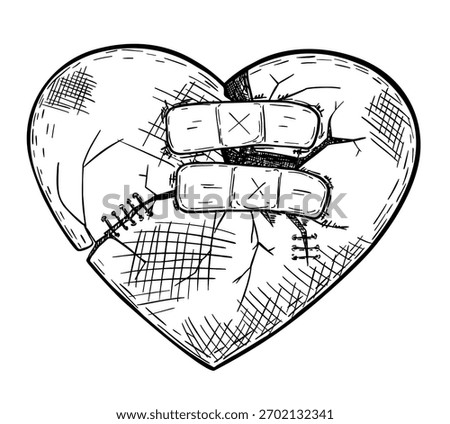 Broken heart sketch. Heart cracked and broken. First aid plasters on heart. Isolated on a white background, vector illustration. 