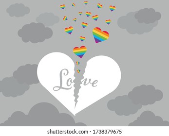 Broken heart with small rainbow hearts on a gray background. 