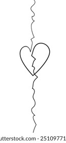 Broken heart snapped in half by a vertical shivered line, Unhappy love, Drawing with one black line on a white background