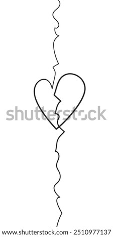 Broken heart snapped in half by a vertical shivered line, Unhappy love, Drawing with one black line on a white background