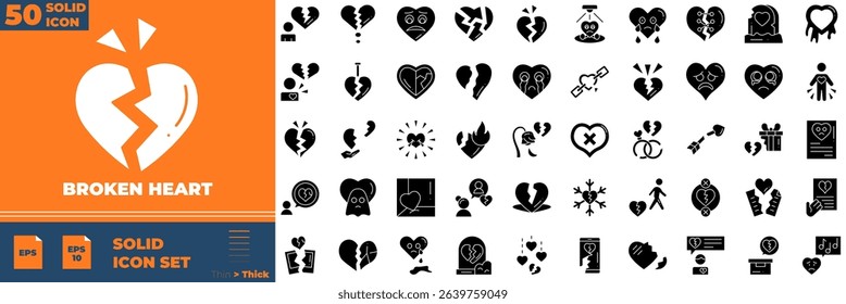 Broken Heart Solid Editable Icons set. Vector illustration in modern thin solid style of broken heart icons: heart, broken, cry, arrow heart, etc