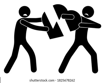 Broken heart. Stick men are connecting halves of broken heart. Problems in family relationships. Divorce of married couple. Vector