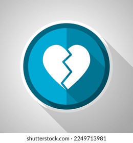 Símbolo de corazón roto, icono azul vector de diseño plano con sombra larga
