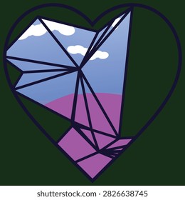 A broken heart symbol with geometric shards and a blue sky landscape.