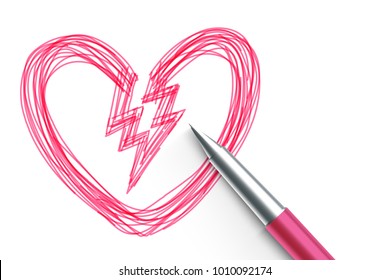 Broken Heart Symbol Hand Drawing By Pen Sketch Pink Color, Valentine Concept Design Illustration Isolated On White Background, With Copy Space