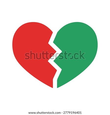 Broken heart symbol in red and green, representing love and separation, emotional pain, vector illustration on white background.
