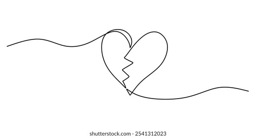 Broken heart symbol represented in a continuous one line drawing. Love concept. Hand-drawn minimalist illustration.