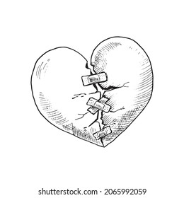 Broken heart. The symbol of unhappy love. Hand-drawn sketch. Black and white vector illustration.