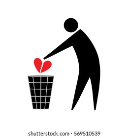 Broken heart. Symbolic man throws in the trash a broken heart. Unrequited love.