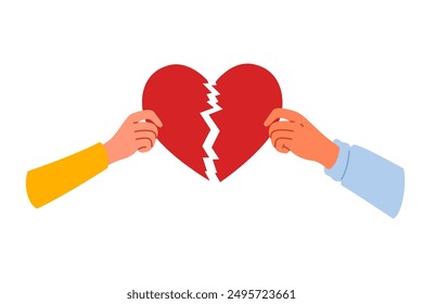 Broken heart symbolizing separation and destruction of relationships in hands of people who have become victims of family quarrel. Couple shows broken heart after divorce and problems in marriage