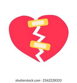 A broken heart taped with a Band-Aid. Flat illustration on white background.