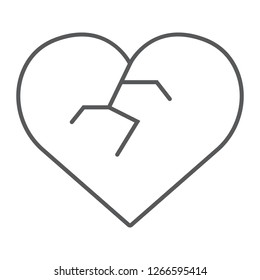 Broken heart thin line icon, love and broke, heartbreak sign, vector graphics, a linear pattern on a white background, eps 10.