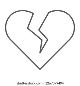 Broken heart thin line icon, valentine and relationship, sad love sign, vector graphics, a linear pattern on a white background, eps 10.