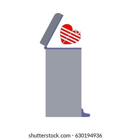 Broken heart thrown into the trash can. Vector illustration, clipart.