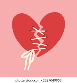 Broken heart tied with a rope, ribbon, twine, string. Design for greeting card, print, sticker, pattern. Illustration for valentine's day.