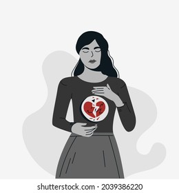 Broken heart trendy flat illustration. Depressed woman trying to heal from bad relationships banner design. Inner conflict, mental disorder background.