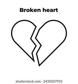 Corazón roto. Dos mitades del icono del corazón. Ilustración de alta calidad de línea fina negra EPS 10 vector. Se puede utilizar para cualquier plataforma o propósito. Promoción de acciones y publicidad. Web, dev, ui, ux, gui.