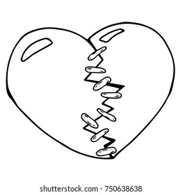 Broken heart of two halves. Broken heart icon. Vector illustration of a split stitched heart. Hand drawn heart.