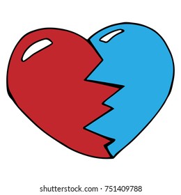 Broken heart of two halves. Red and blue broken heart. The collected heart from pieces. Vector illustration.