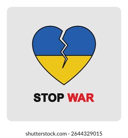 Broken heart with Ukraine flag colors and stop war message, anti-war protest graphic, peace symbol, emotional conflict illustration, flat vector on gray background.