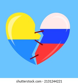 Broken heart in Ukrainian and Russian flag colors 
