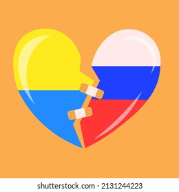 Broken heart in Ukrainian and Russian flag colors 
