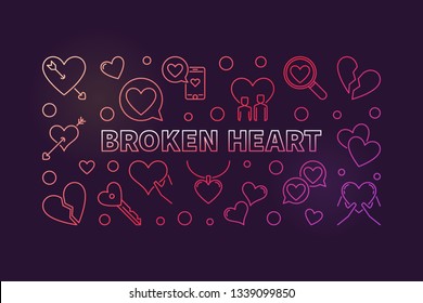 Broken Heart vector concept colored outline illustration or banner on dark background