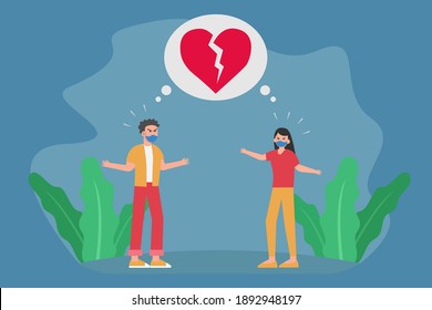 Broken heart vector concept: Young couple arguing with broken heart over their head while wearing face mask