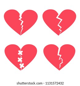 Broken heart vector flat icons set isolated on white background.