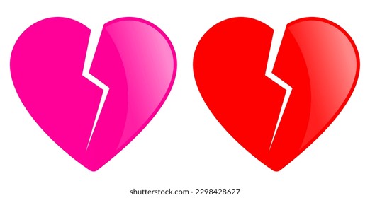 Broken heart vector glossy web icons isolated on white background. Abstract flat illustration of broken hearts, unhappy love concept.