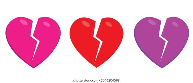 Broken heart vector glossy web icons isolated on white background. Abstract flat illustration of broken hearts, 
unhappy love concept.