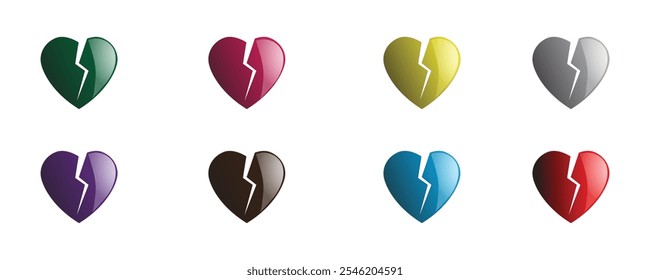 Broken heart vector glossy web icons isolated on white background. Abstract flat illustration of broken hearts, 
unhappy love concept.