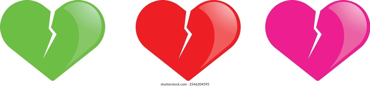 Broken heart vector glossy web icons isolated on white background. Abstract flat illustration of broken hearts, 
unhappy love concept.