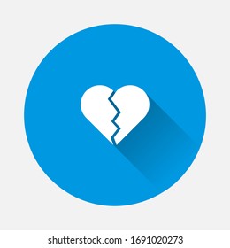 Broken heart vector icon on blue background. Flat image with long shadow.