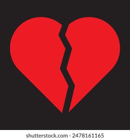 Broken heart vector icon, red heart, heartbreak, love vector symbol. Broken heart emoji illustration on black background. Vector illustration.
